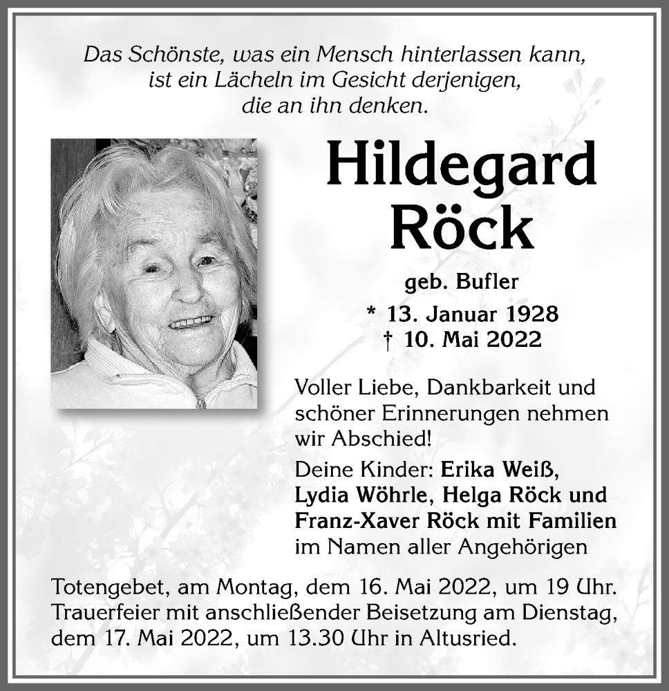 Traueranzeige von Hildegard Röck von Allgäuer Zeitung,Kempten