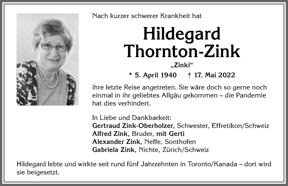 Traueranzeige von Hildegard Thornton-Zink von Allgäuer Anzeigeblatt