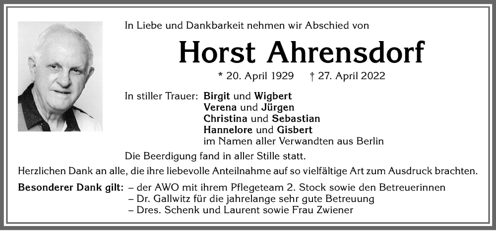Traueranzeige von Horst Ahrensdorf von Allgäuer Zeitung, Kaufbeuren/Buchloe