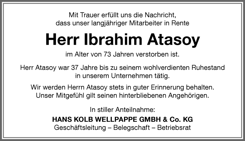 Traueranzeige von Ibrahim Atasoy von Memminger Zeitung