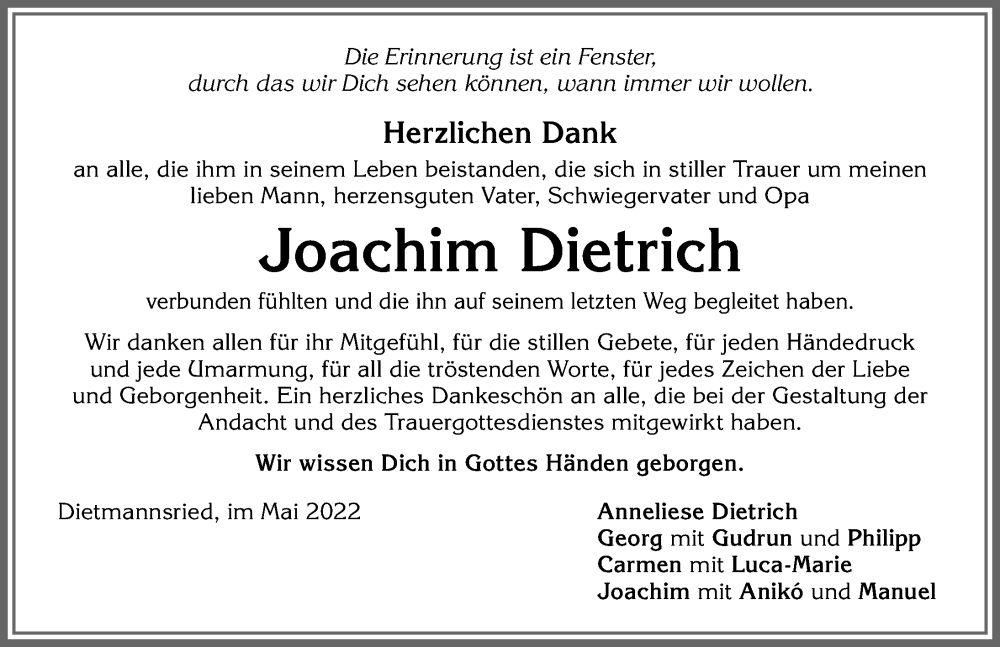 Traueranzeige von Joachim Dietrich von Allgäuer Zeitung,Kempten