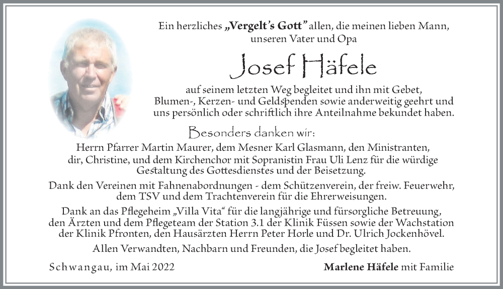 Traueranzeige von Josef Häfele von Allgäuer Zeitung, Füssen