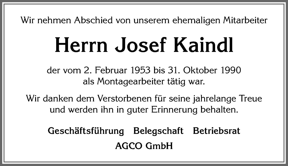 Traueranzeige von Josef Kaindl von Allgäuer Zeitung, Marktoberdorf