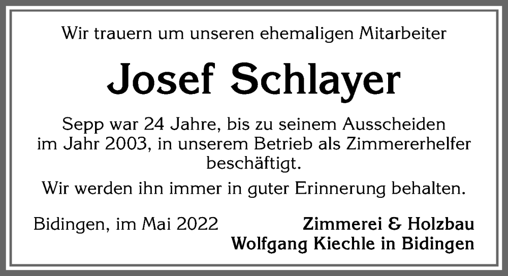 Traueranzeige von Josef Schlayer von Allgäuer Zeitung, Kaufbeuren/Buchloe