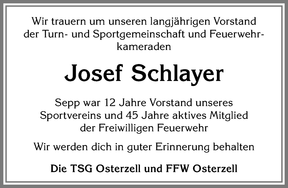Traueranzeige von Josef Schlayer von Allgäuer Zeitung, Kaufbeuren/Buchloe