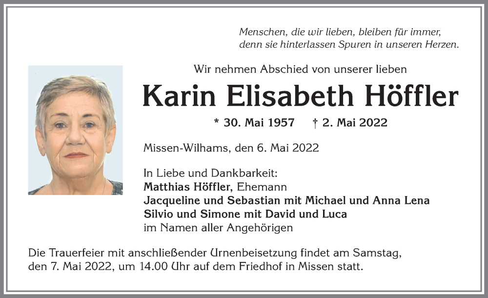 Traueranzeige von Karin Elisabeth Höffler von Allgäuer Anzeigeblatt