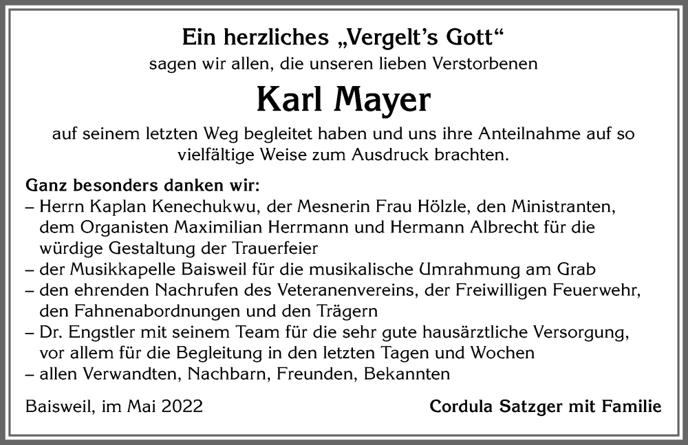 Traueranzeige von Karl Mayer von Allgäuer Zeitung, Kaufbeuren/Buchloe