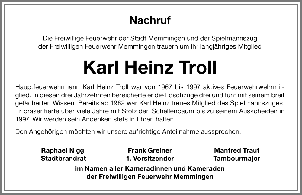 Traueranzeige von Karl Heinz Troll von Memminger Zeitung