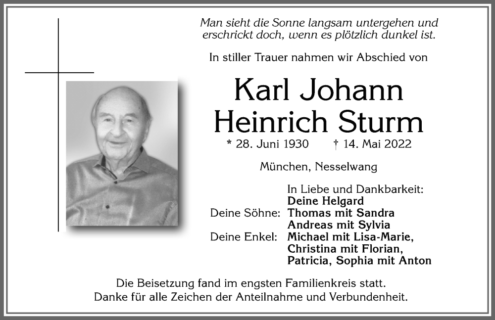 Traueranzeige von Karl Johann Heinrich Sturm von Allgäuer Zeitung, Füssen