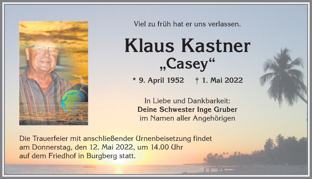 Traueranzeige von Klaus Kastner von Allgäuer Anzeigeblatt