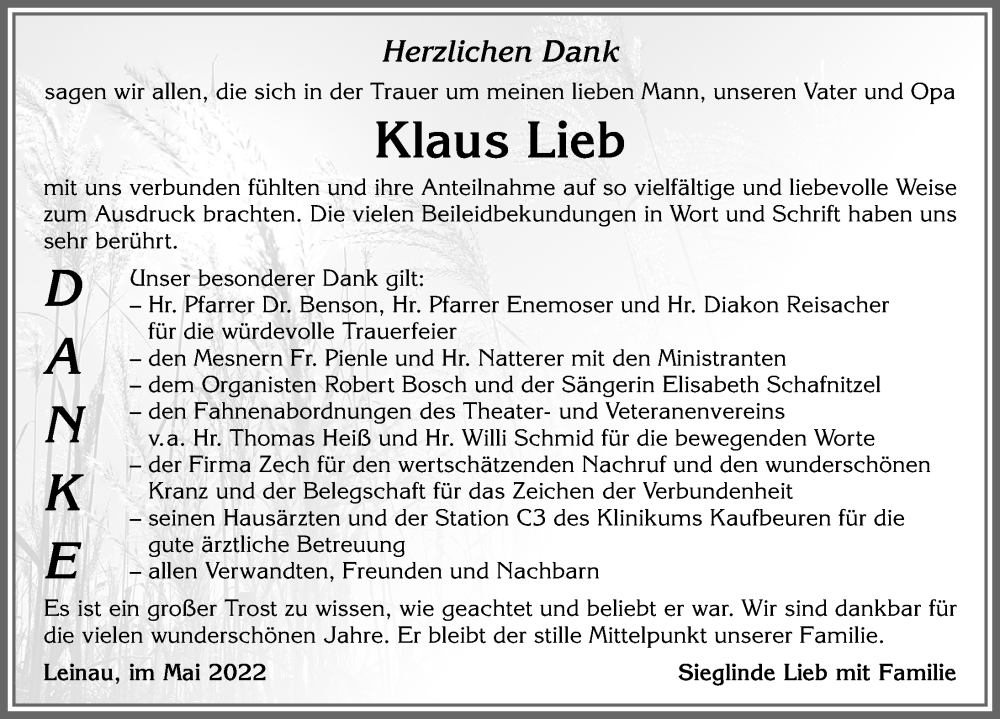 Traueranzeige von Klaus Lieb von Allgäuer Zeitung, Kaufbeuren/Buchloe