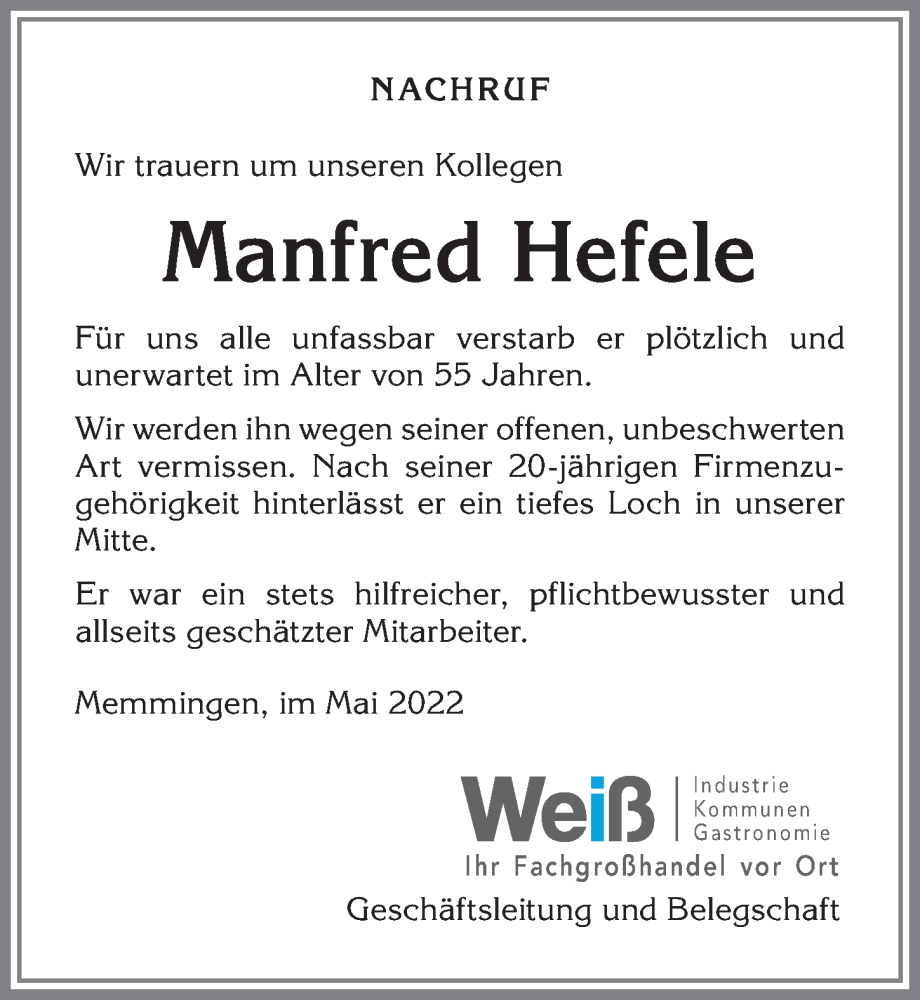 Traueranzeige von Manfred Hefele von Memminger Zeitung