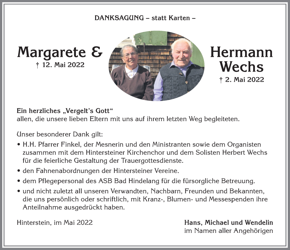 Traueranzeige von Margarete und Hermann Wechs von Allgäuer Anzeigeblatt