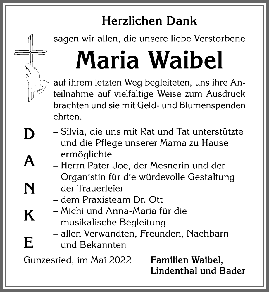 Traueranzeige von Maria Waibel von Allgäuer Anzeigeblatt