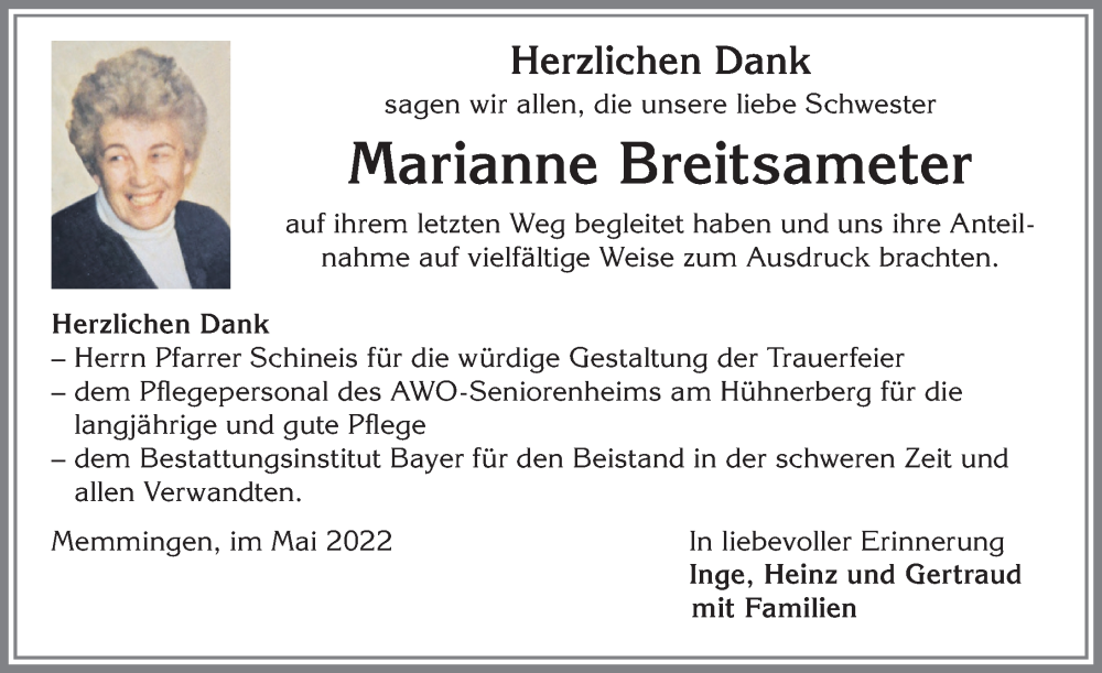 Traueranzeige von Marianne Breitsameter von Memminger Zeitung