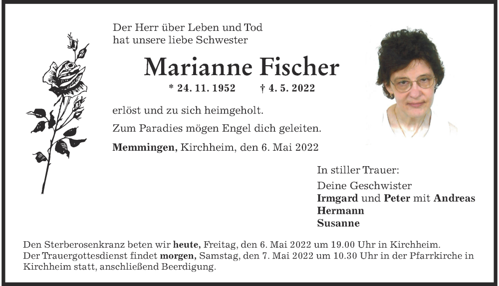 Traueranzeige von Marianne Fischer von Memminger Zeitung
