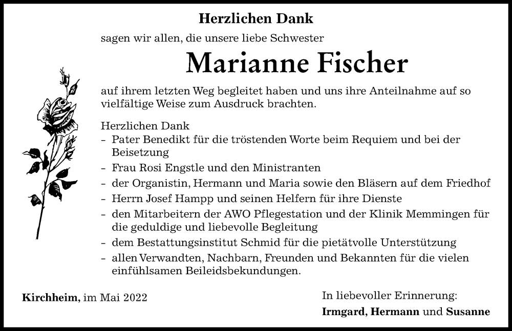 Traueranzeige von Marianne Fischer von Memminger Zeitung
