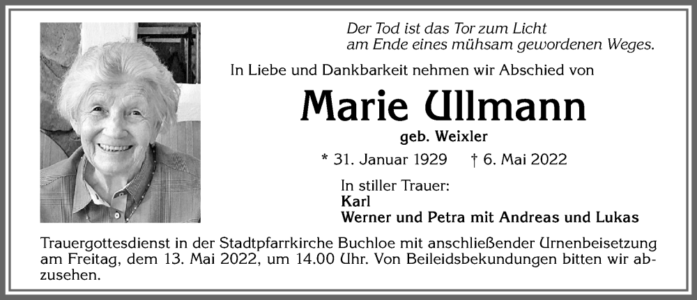 Traueranzeige von Marie Ullmann von Allgäuer Zeitung, Kaufbeuren/Buchloe