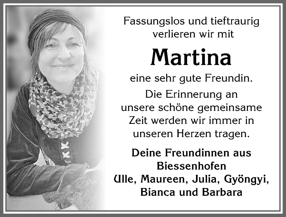 Traueranzeige von Martina  von Allgäuer Zeitung, Kaufbeuren/Buchloe