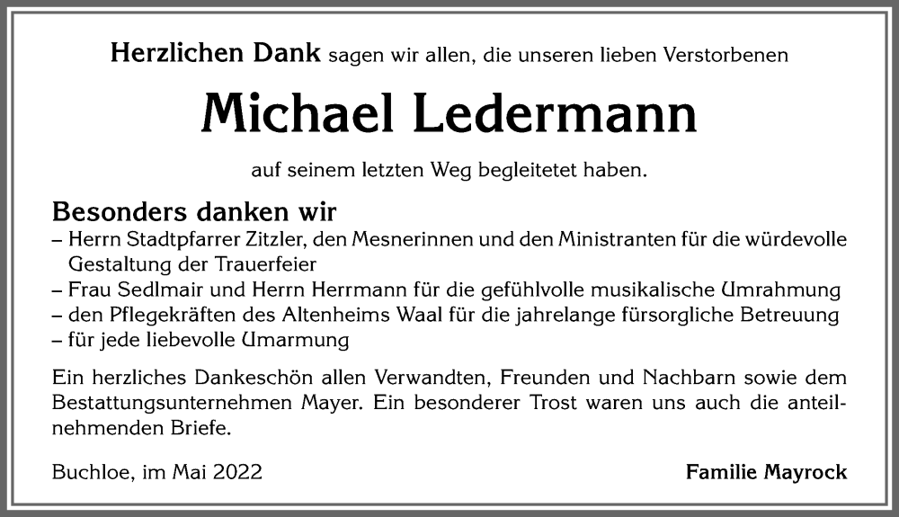 Traueranzeige von Michael Ledermann von Allgäuer Zeitung, Kaufbeuren/Buchloe