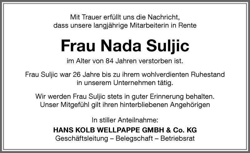 Traueranzeige von Nada Suljic von Memminger Zeitung