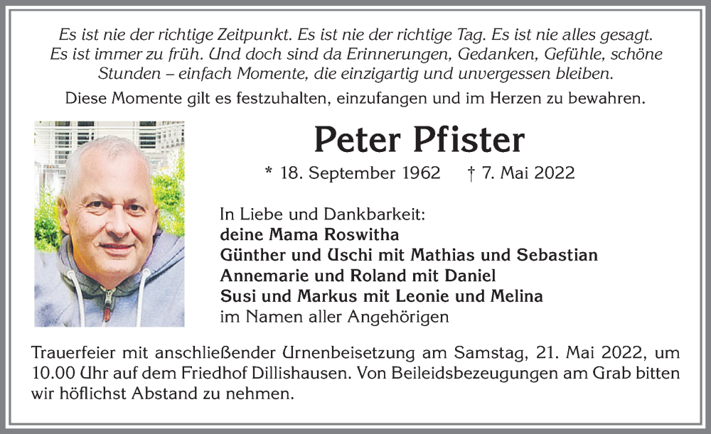 Traueranzeige von Peter Pfister von Allgäuer Zeitung