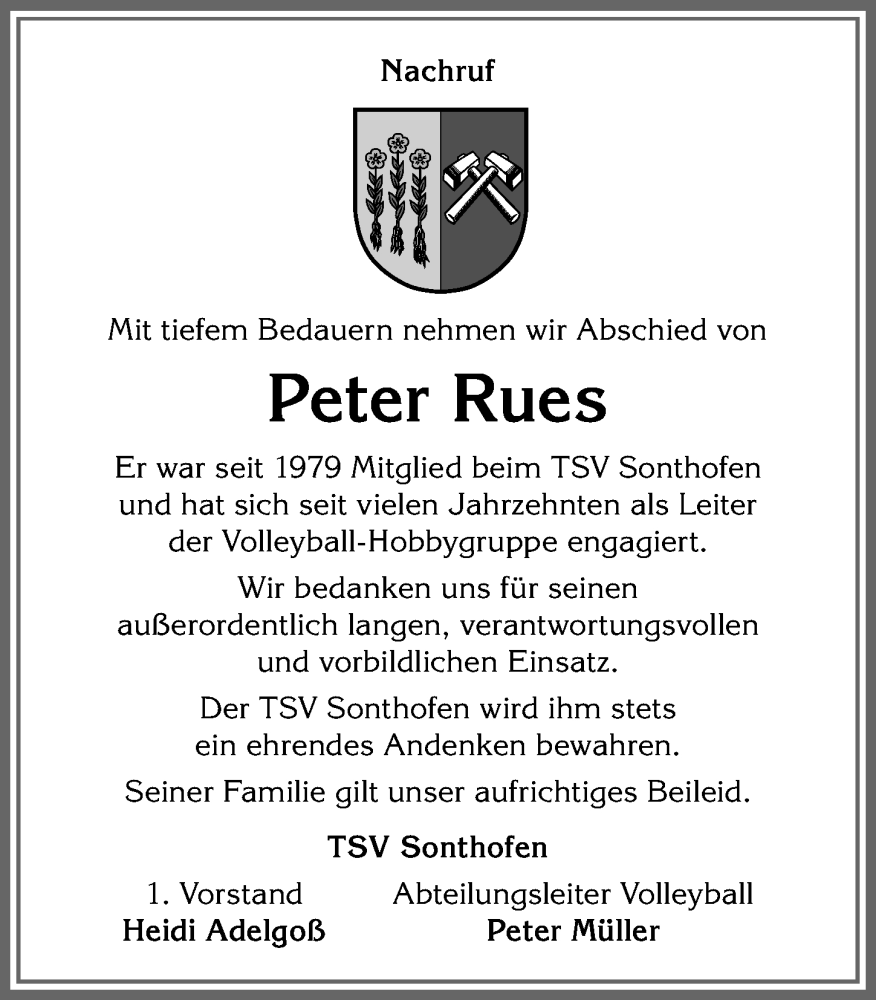Traueranzeige von Peter Rues von Allgäuer Anzeigeblatt