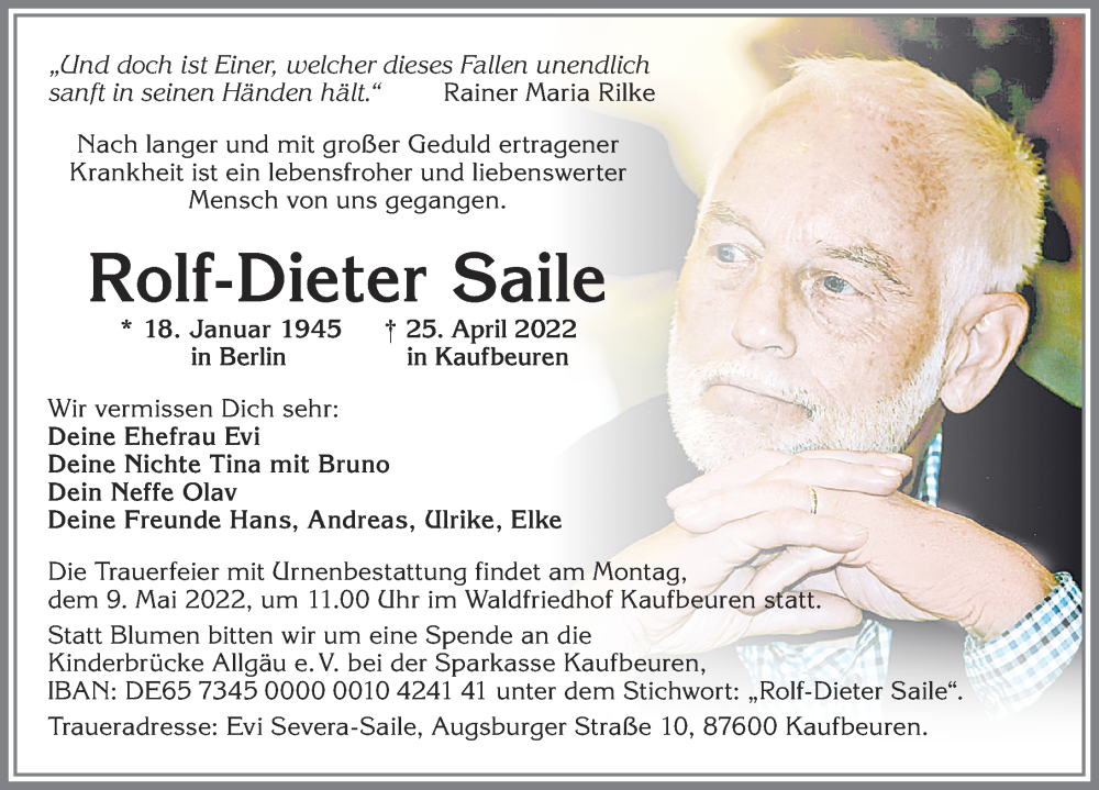 Traueranzeige von Rolf-Dieter Saile von Allgäuer Zeitung, Kaufbeuren/Buchloe