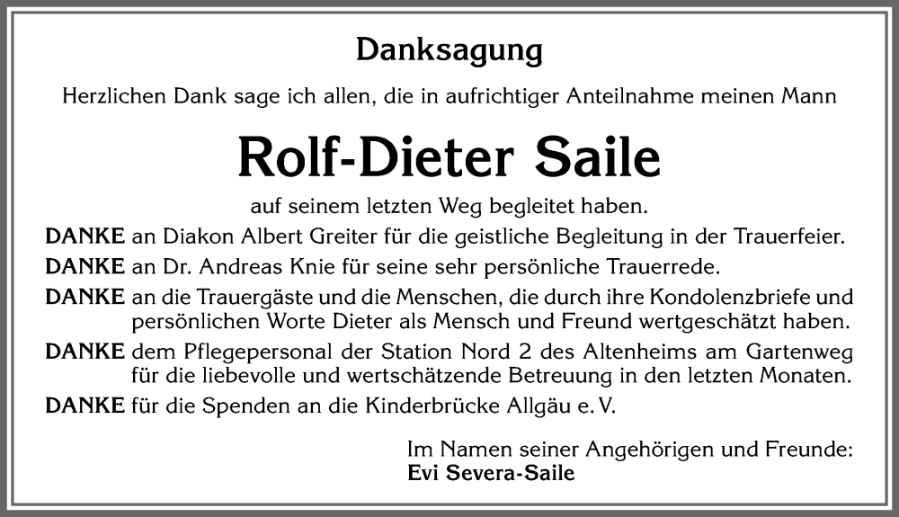 Traueranzeige von Rolf-Dieter Saile von Allgäuer Zeitung, Kaufbeuren/Buchloe