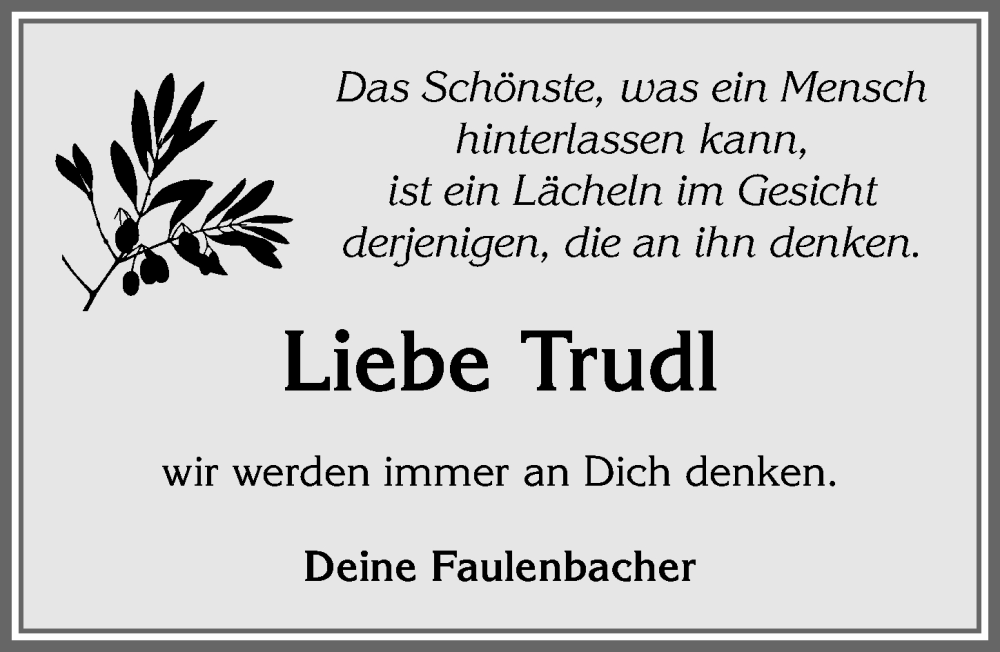 Traueranzeige von Trudl  von Allgäuer Zeitung, Füssen