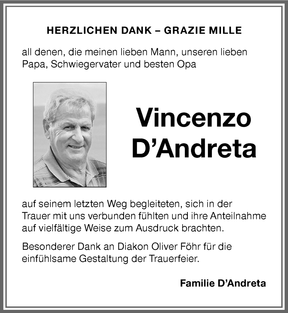 Traueranzeige von Vincenzo D’Andreta von Memminger Zeitung