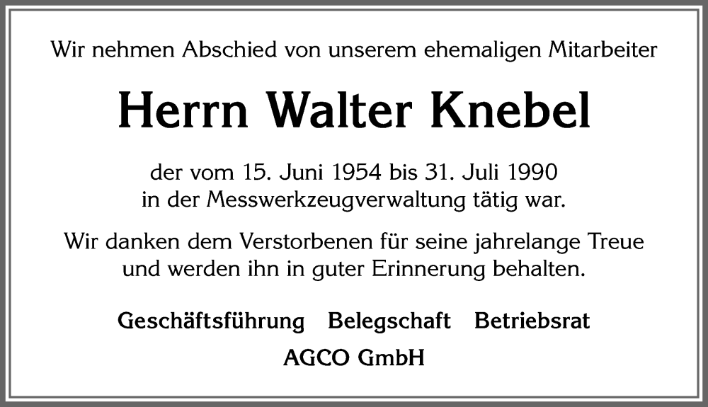 Traueranzeige von Walter Knebel von Allgäuer Zeitung, Marktoberdorf