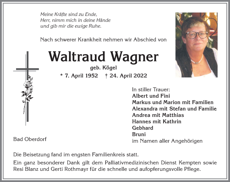 Traueranzeige von Waltraud Wagner von Allgäuer Anzeigeblatt