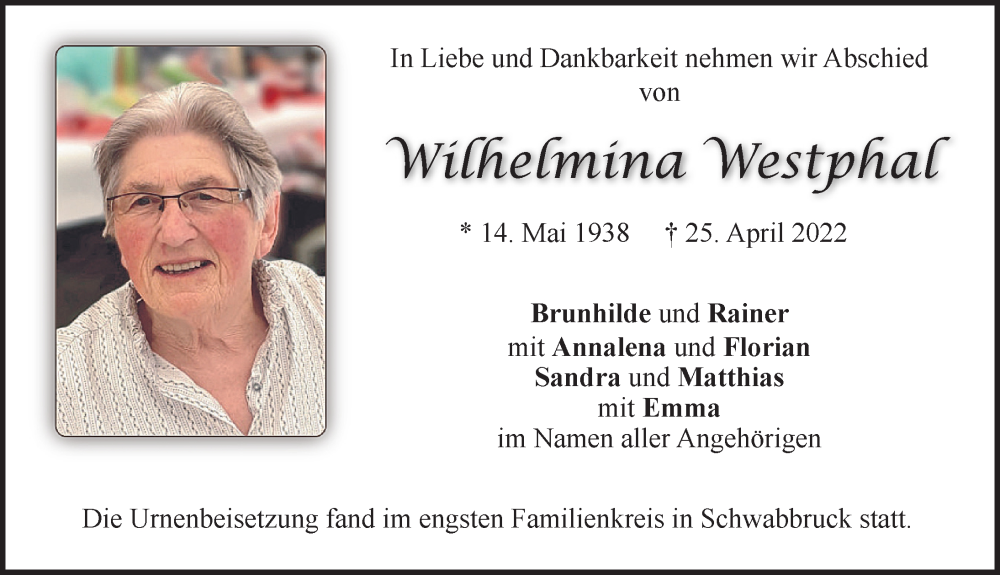 Traueranzeige von Wilhelmina Westphal von Allgäuer Zeitung, Füssen