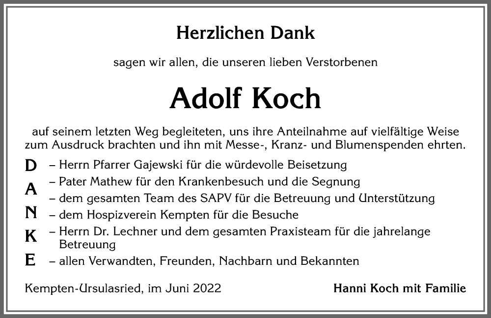 Traueranzeige von Adolf Koch von Allgäuer Zeitung,Kempten