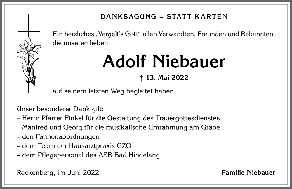 Traueranzeige von Adolf Niebauer von Allgäuer Anzeigeblatt