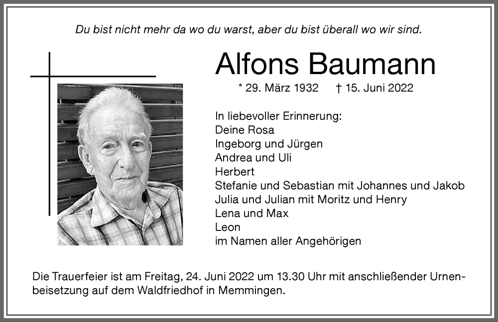 Traueranzeigen von Alfons Baumann | Augsburger Allgemeine Zeitung