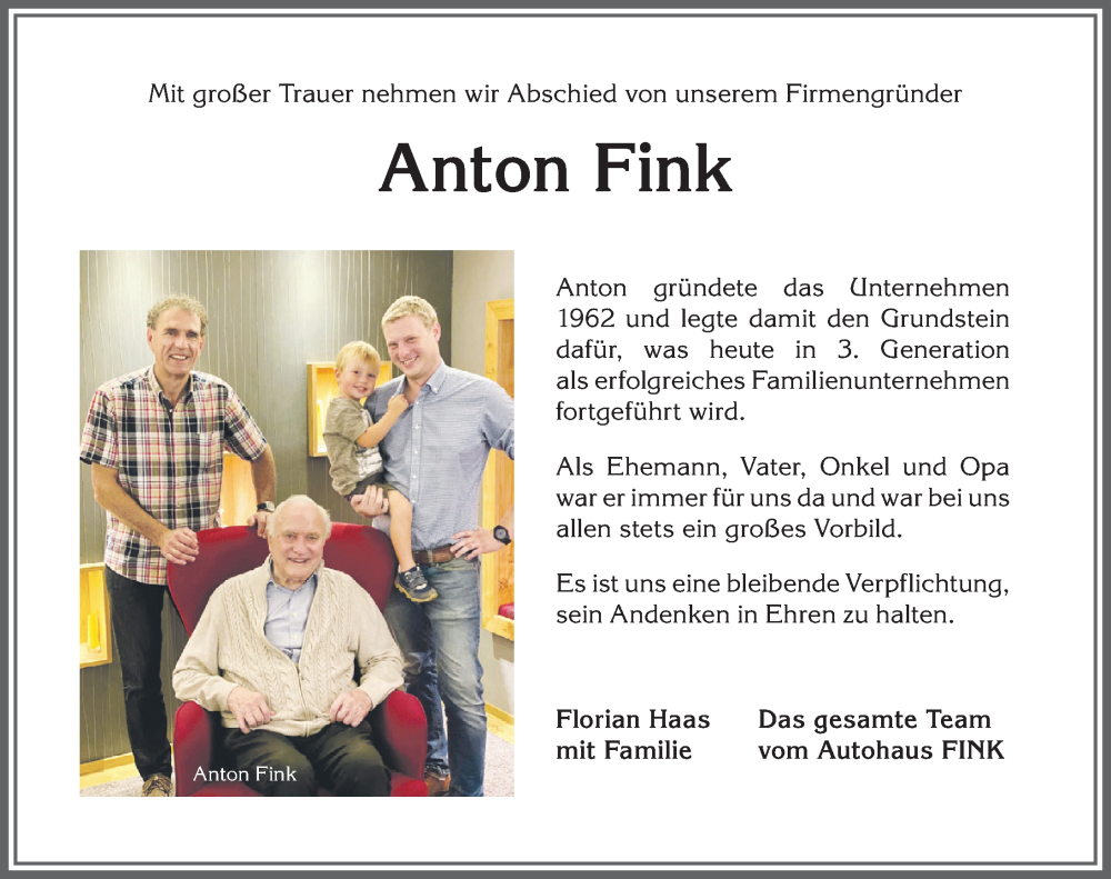 Traueranzeige von Anton Fink von Allgäuer Anzeigeblatt