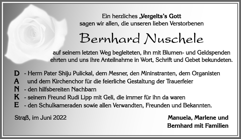 Traueranzeige von Bernhard Nuschele von Allgäuer Zeitung, Füssen