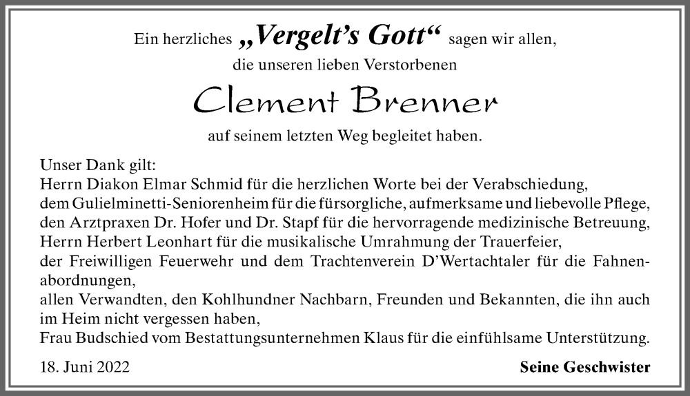 Traueranzeige von Clement Brenner von Allgäuer Zeitung, Marktoberdorf
