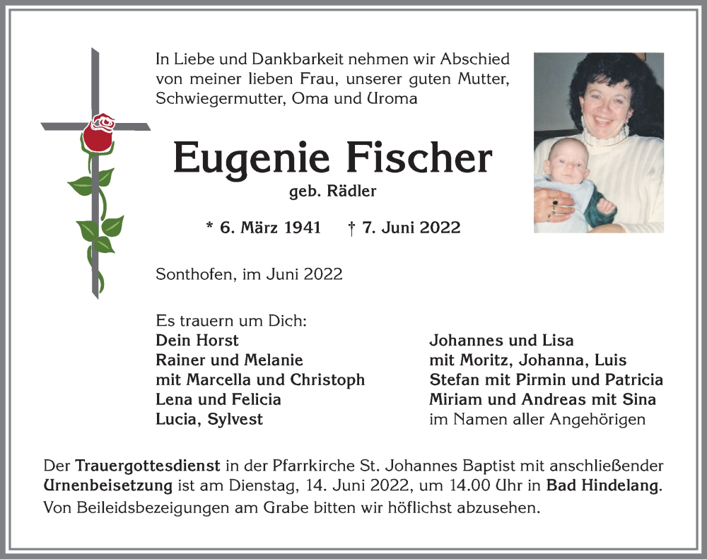 Traueranzeige von Eugenie Fischer von Allgäuer Anzeigeblatt