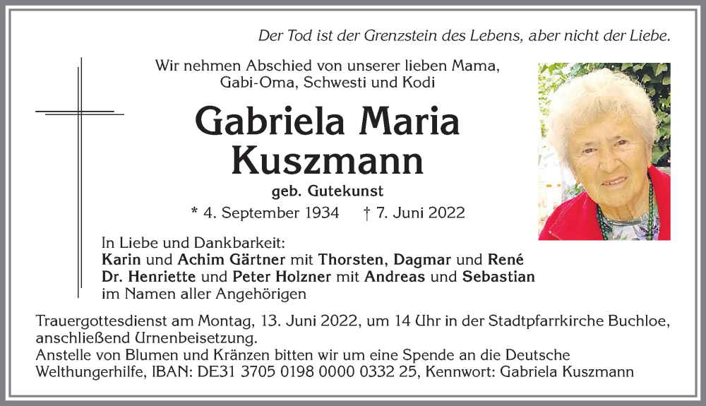 Traueranzeige von Gabriela Maria Kuszmann von Allgäuer Zeitung, Kaufbeuren/Buchloe