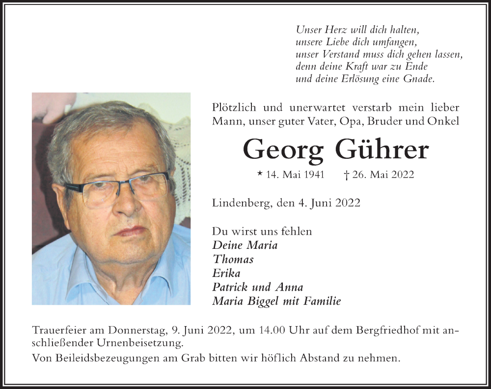  Traueranzeige für Georg Gührer vom 04.06.2022 aus Der Westallgäuer