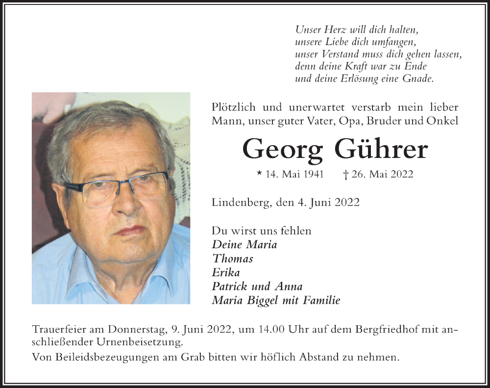 Traueranzeige von Georg Gührer von Der Westallgäuer