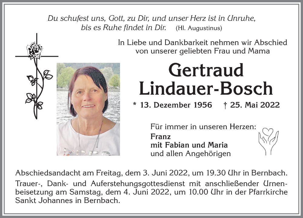 Traueranzeige von Gertraud Lindauer-Bosch von Allgäuer Zeitung, Marktoberdorf