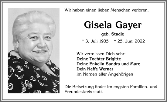 Traueranzeigen von Gisela Gayer | Augsburger Allgemeine Zeitung