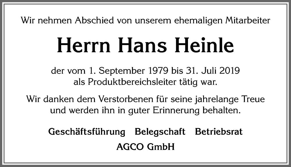 Traueranzeige von Hans Heinle von Allgäuer Zeitung, Marktoberdorf