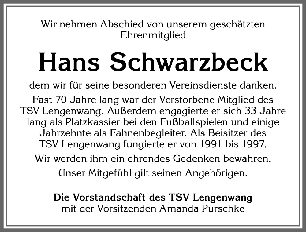 Traueranzeige von Hans Schwarzbeck von Allgäuer Zeitung, Marktoberdorf