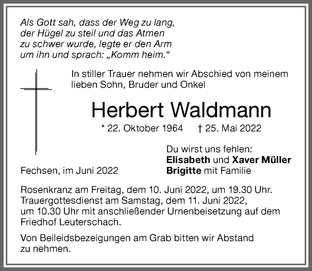 Traueranzeige von Herbert Waldmann von Allgäuer Zeitung, Marktoberdorf