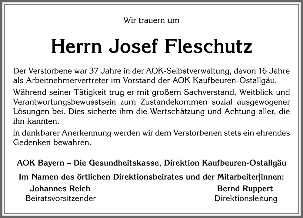 Traueranzeige von Josef Fleschutz von Allgäuer Zeitung, Füssen